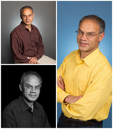 Man Posing against black, gray and blue background for glamor and dating portrait photography