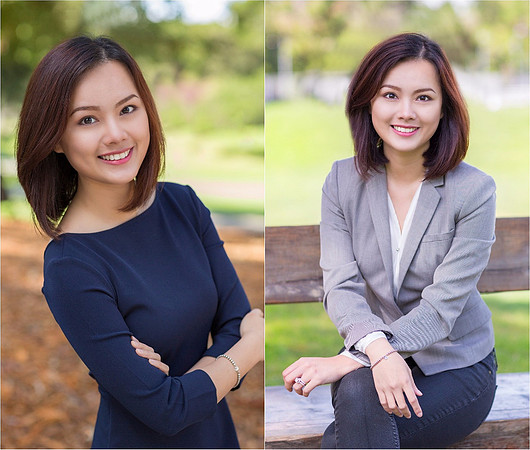 woman with blue shirt and gray jacket posing for headshot executive portrait