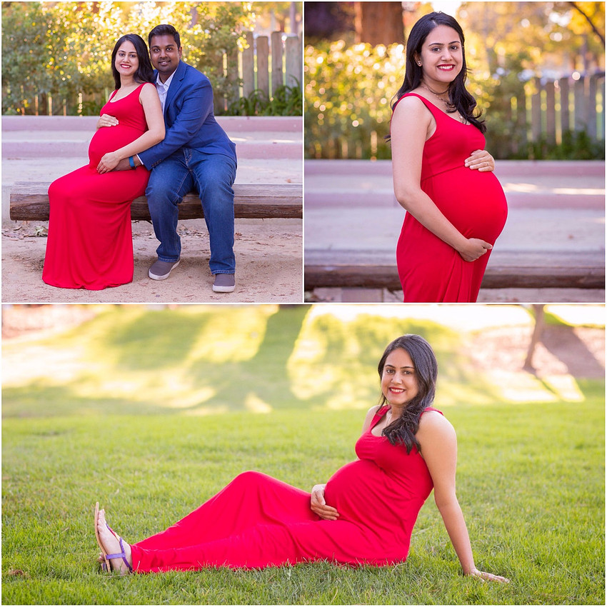 collage maternity woman in red dress
